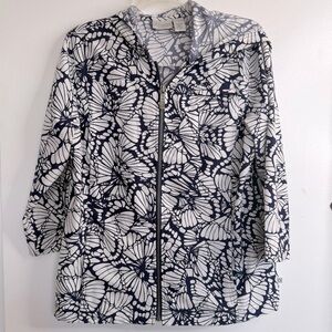 Zenergy by Chico’s Butterfly Print Athleisure Zip Jacket Sz 8-Navy Blue & White